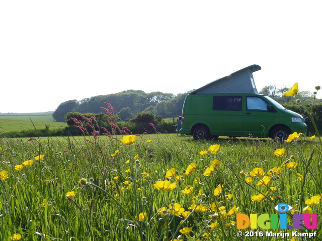 FZ029127 Campervan on campsite with flowers